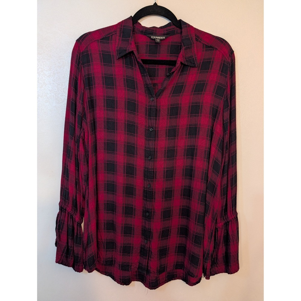 EXPRESS Raspberry Black Plaid Bell Sleeve Button Up Shirt Women's Size L
